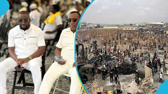 Dr Osei Kwame Despite and Dr Ofori Sarpong donate roofing sheets to the victims of the Kantamanto market fire