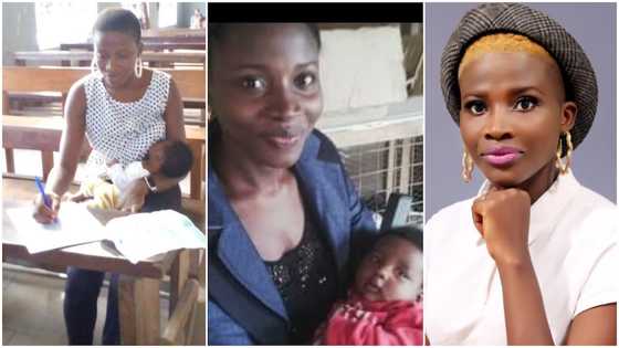 Mother breastfeeds baby in one hand as she writes exams with another, Photo goes viral