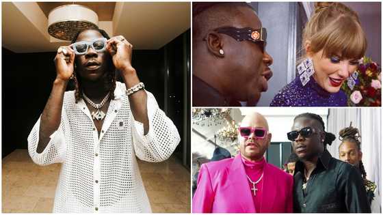 Ghanaian musician Stonebwoy rocks a black suit and brown suede shoes to 2023 Grammy Awards
