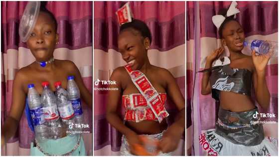 Talented lady uses food & water containers to make saucy outfits, many amazed by video