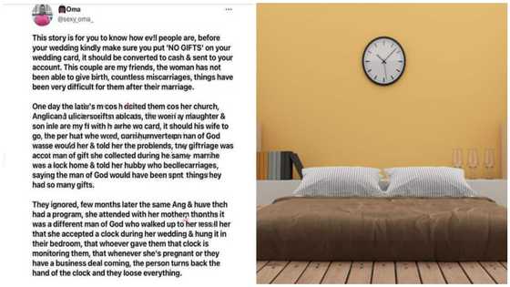They hang it in their bedroom: Lady shares how clock gift received on wedding day delayed woman's pregnancy