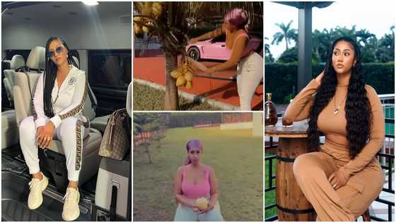 Hajia4real Shows Off Beautiful Mansion With Large Compound As She Cuts Coconut; Fans Pleased