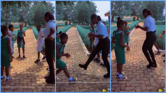 Pretty Ghanaian teacher affirms commitment to her job, plays ampe with students at school, video trends