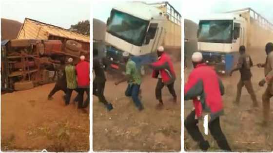 No be juju be dat? Nigerians surprised after 5 men pull up fallen lorry with rope, video goes viral