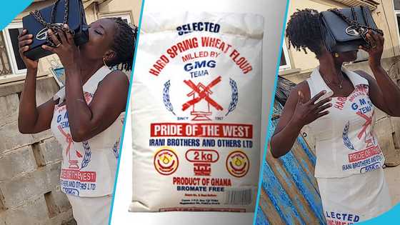 Lady makes stylish dress from used Ghana-made flour sacks, video trends: "Esam ambassador"