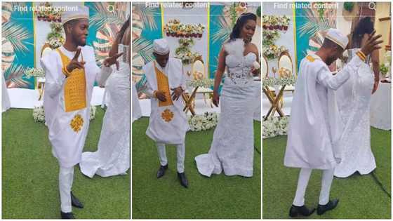 Tall Ghanaian bride rocking corseted gown looks uninterested as the small-sized groom dances happily in viral video; "Who paid the bride price?"