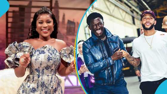 Berla Mundi scared as she meets Nana Kwame Bediako's dogs gifted to him by Memphis Depay, video
