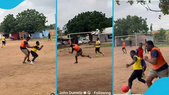 John Dumelo nearly falls as he plays football with Ayawaso West Voters