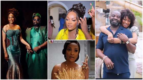 Ghanaian bride Nadia Adongo Musah looks glamorous in a shiny gold sculptural gown for her luxurious wedding reception