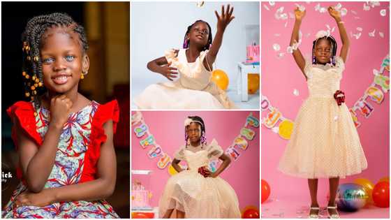 Beautiful Ghanaian girl with blue eyes marks her 7th b'day, charming photos melt hearts: "Like angel"