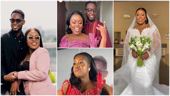 Ghanaian bride Jossy looks gorgeous in corseted kente and red thigh-high gowns for her plush wedding