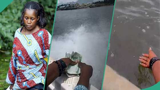 "She's a river child": Lady in speeding boat throws GH₵5 notes into the water in video