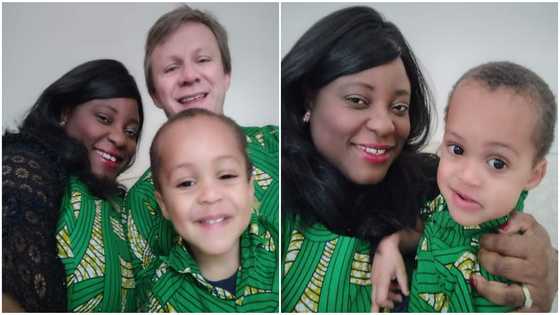 Black lady, white hubby and son storm England birthday party in African wears