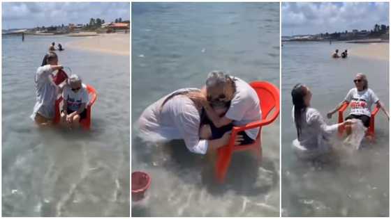 Lady spotted in video bathing her 94-year-old grandma with a chair in the ocean to make her dream come true