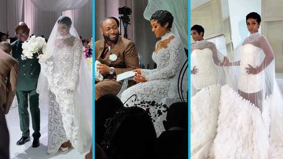 Chioma Adeleke radiates elegance in a sparkling lace wedding gown and luxurious robe, videos