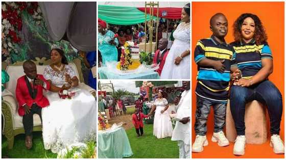 Videos, photos as small-sized man marries beautiful and huge lady as 2nd wife; many surprised
