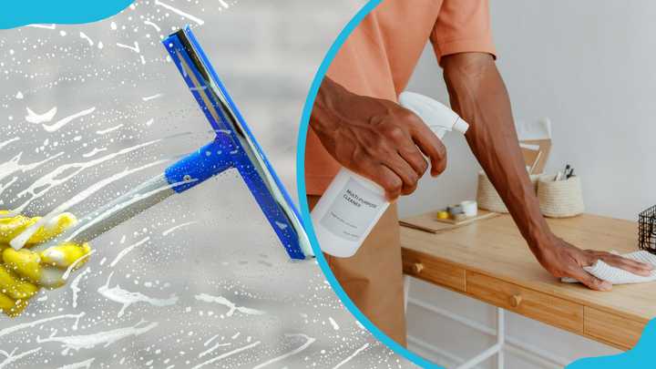 A person cleaning a window and a desk